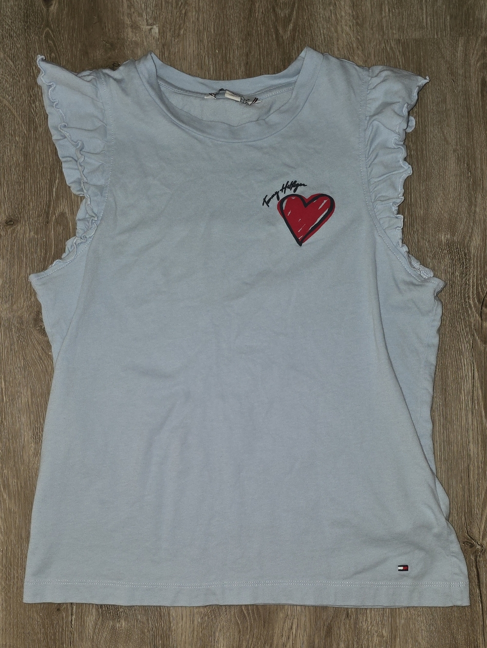 Tommy Hilfiger Light Blue Ruffle Sleeve Tank with Red Heart